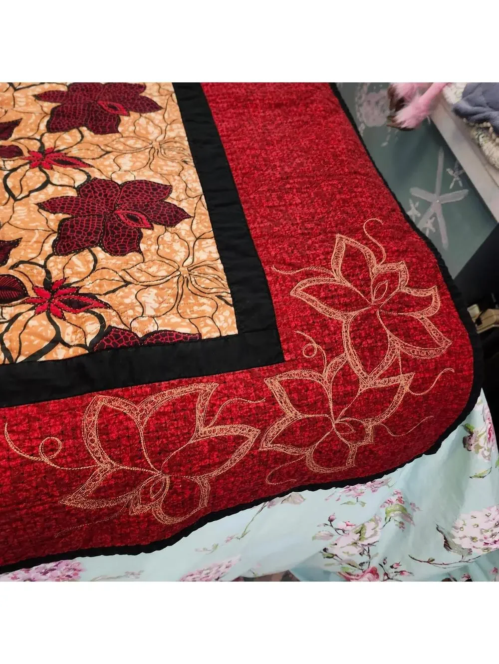 Beautiful Handmade Floral Quilt Maroon Floral Embroidery Black Yellow Leaves